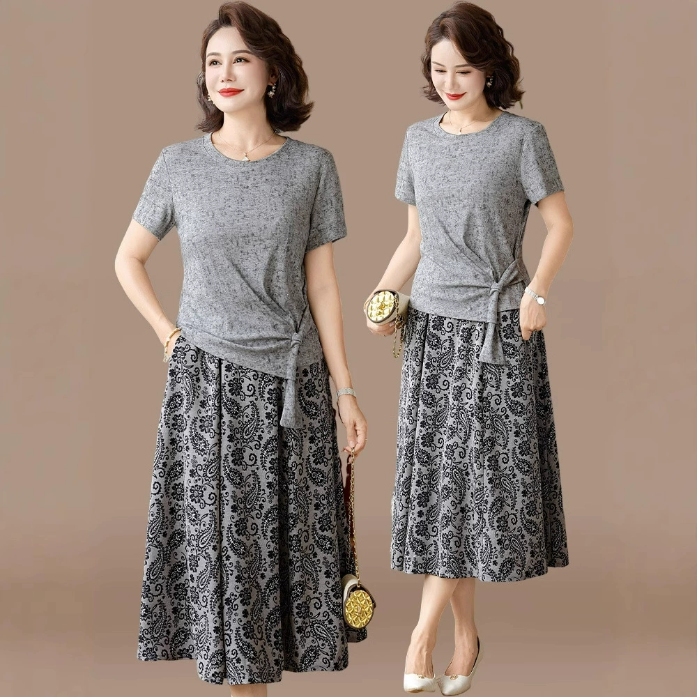 Летний костюм для мамы среднего возраста, повседневная футболка с короткими рукавами, уменьшающая возраст, летний стильный топ и юбка для женщин среднего и пожилого возраста