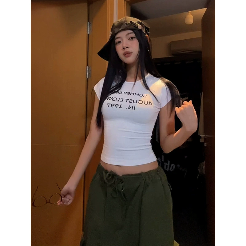 [210 г 40 тонких хлопчатобумажных 1*1] Американский белый с короткими рукавами на плече женский летний буквенно-печатный короткий топ