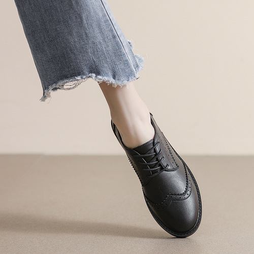Women's 2025 Autumn New English Style Laced Flat Thin Soft Sole Black Bean Bean Compatible Loafers