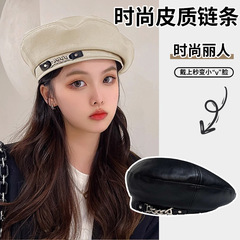 新款链条PU贝雷帽女时尚复古机车风酷girl百搭潮流皮质平顶八角帽