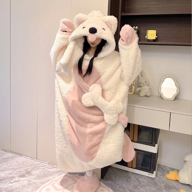 卡通搞怪小狗睡衣女秋冬季加绒加厚珊瑚绒睡袍法兰绒家居服可外穿|undefined