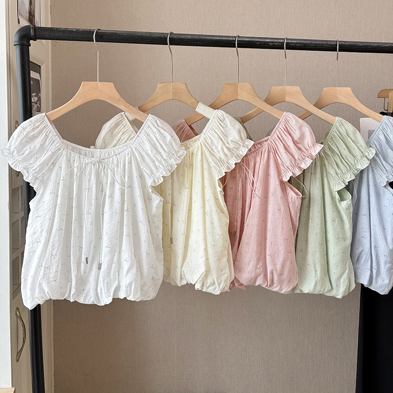 [Bizheng] 2026 Summer New Product Korean Style Square Collar Sweet and Youthful Floral Short-Sleeved Shirt for Women 6261