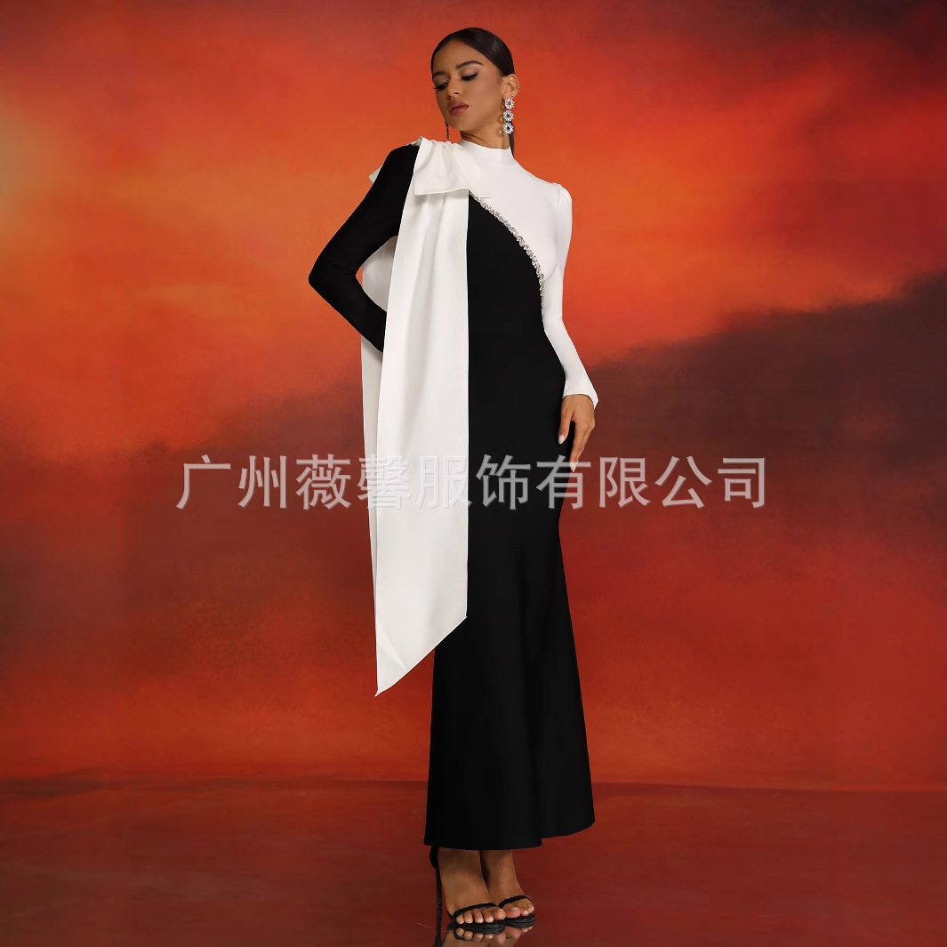 Cross-Border European and American Middle Eastern Long Hot Diamond Black and White Two-Color Ribbon Prom Banquet Dress Long Skirt Elegant Dress