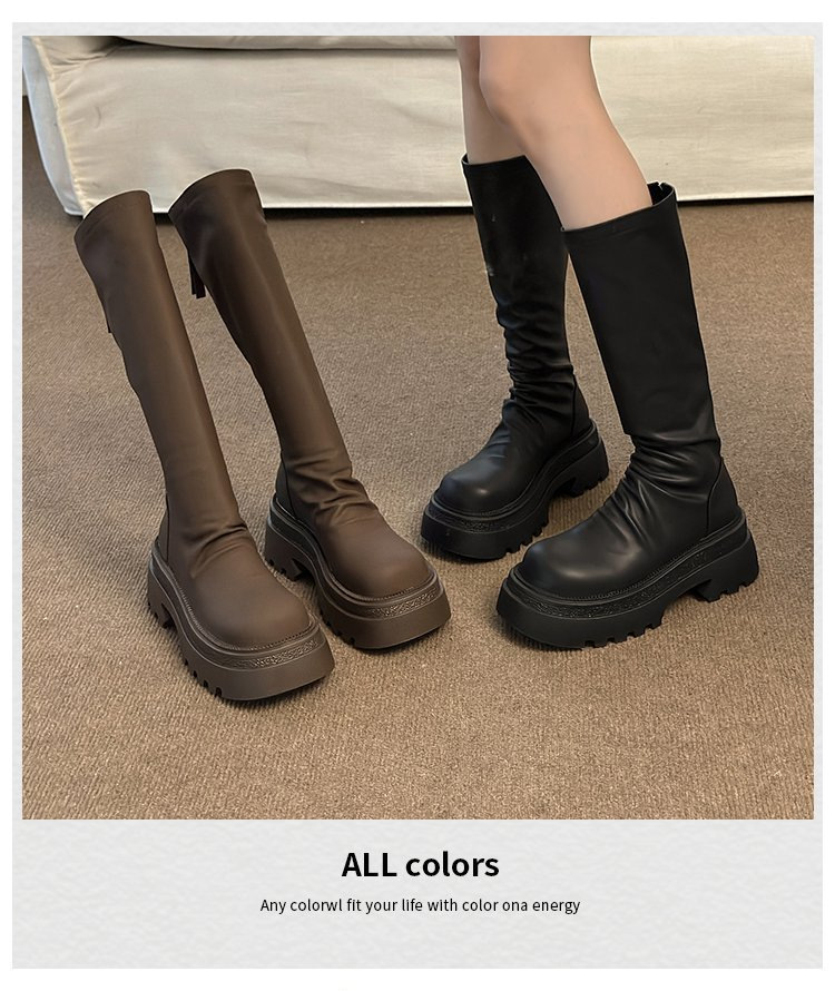 Moteriški storapadiai platforminiai aulinukai iki kelių 2023 m. rudens ir žiemos madingi klostuoti aulinukai iki kelių, ploni, elastingi aulinukai_voghion.com