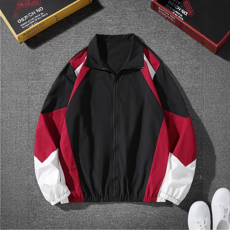 Men's Color Patchwork Zipper Jacket, Regular Fit Long Sleeve Casual Outerwear for Spring and Fall,