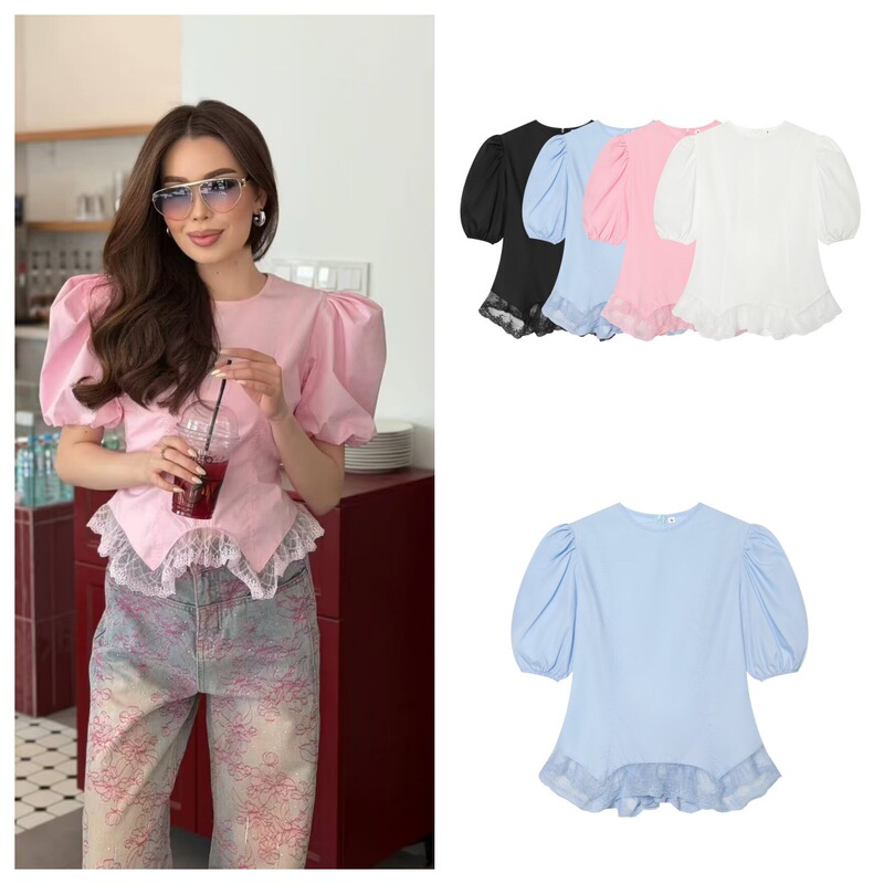 Myst&Za European and American Style Export Women's Clothing New Model 2026 Fashionable Versatile Solid Color Lace Splicing Short-Sleeved Top Myst&Za European and American Style Export Women's Clothing New Model 2026 Fashionable Versatile Solid Color Lace Splicing Short-Sleeved Top