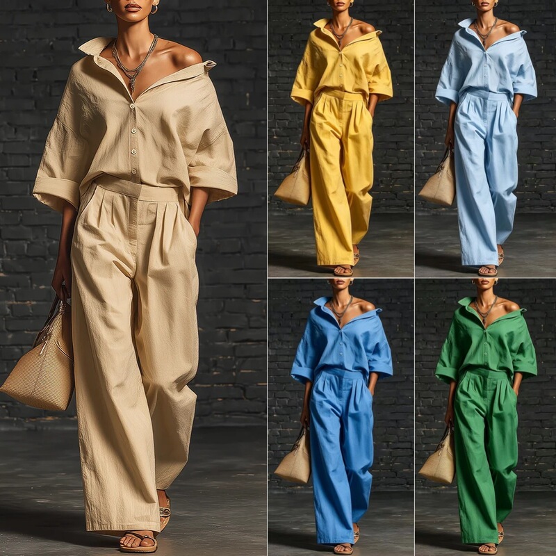 2026 Summer European and American Cross-Border Amazon New Plus-Size Women's Long-Sleeve Shirt and Loose Pants Two-Piece Set 2026 Summer European and American Cross-Border Amazon New Plus-Size Women's Long-Sleeve Shirt and Loose Pants Two-Piece Set