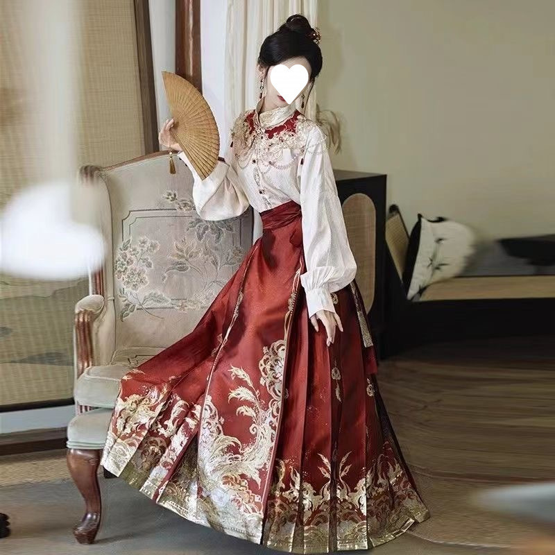 New Chinese-Style Mamian Skirt Petite Spring and Summer Embroidered Set Cloud Shoulder Plus Size Slimming Red Daily National Style Hanfu