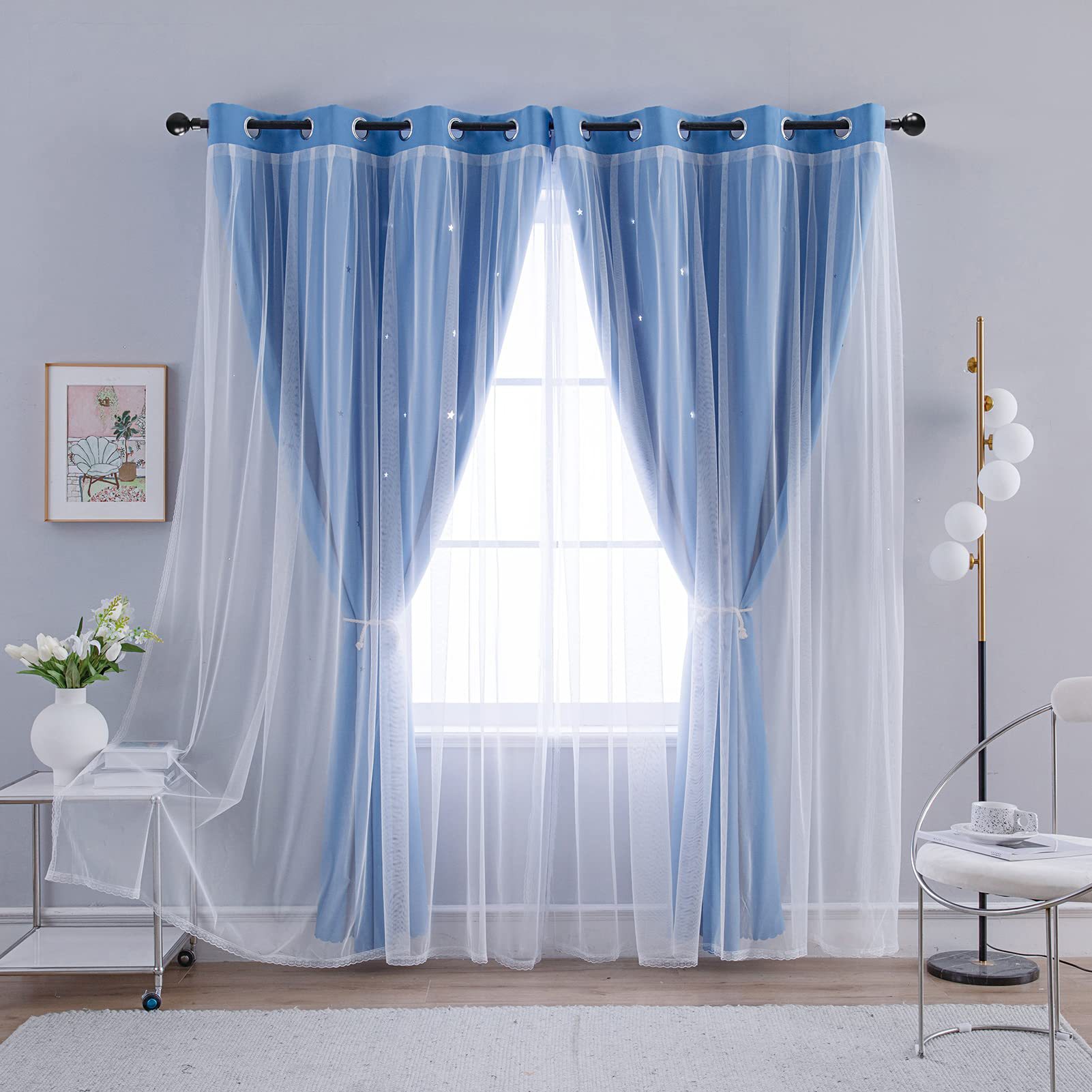 double layer curtains hollow star blackout rod punching short curtains_voghion.com
