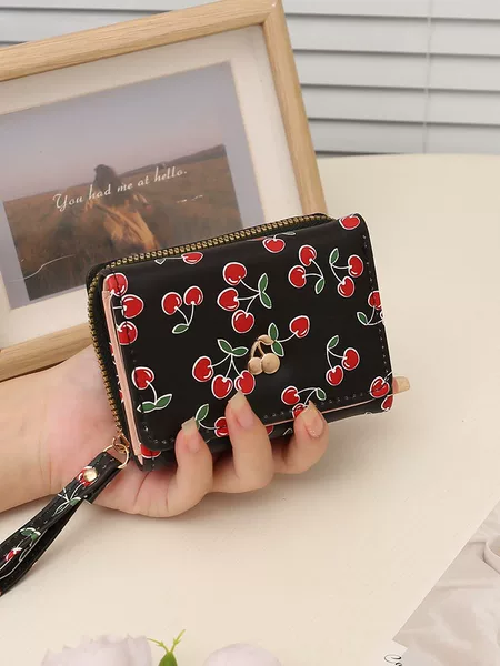 Fresh and Cute Wallet with Fruit Print, Large Capacity, Accordion-Style Card Slots, Short Zipper Wallet for Women