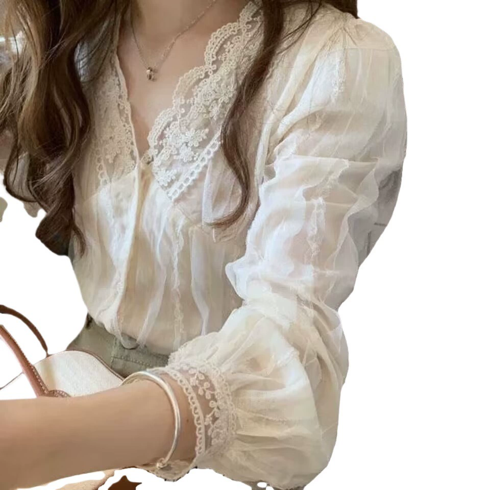 Кружевная блузка (Chanel style) с V‑образным вырезом, французский осенний стиль, абрикос, S–XL