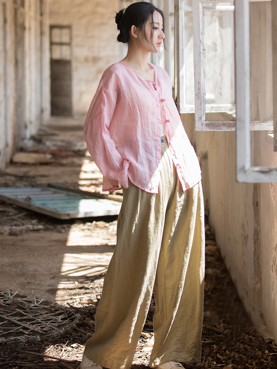 Camisa fina tipo cárdigan de mujer, estilo artístico, con botones, de algodón y lino, con protección solar, lavada con arena, 100 unidades, nueva colección otoño 26.