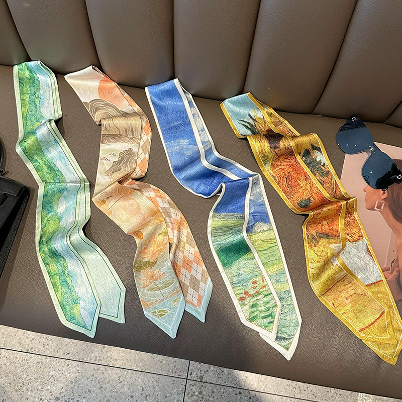 Pequeña correa de cabello para mujeres nuevos estilo coreano inins de moda pinturas al óleo de punta pies pequeños pañuelos largos para atar bolsos cinturón para atar bufandas de cabello