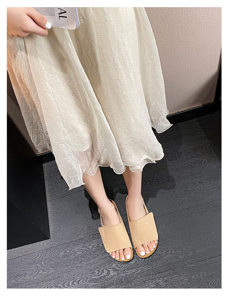 Dép sandal nữ quai ngang bản rộng mũi tròn đế bằng gấp gọn đi ngoài trời mùa hè — Màu Kaki, Màu mơ, Màu đen chi tiết 23