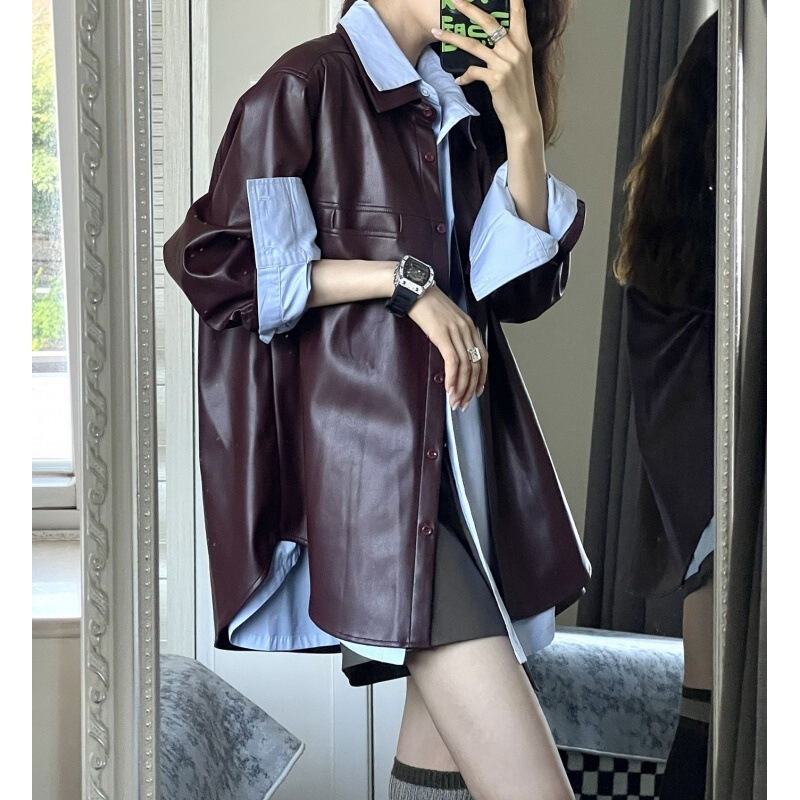 Spring 2024 Grape Purple PU Leather Jacket Women's Retro Jacket Elegant Loose All-match Shirt Fashion suit