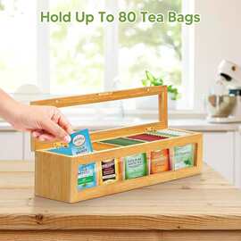 跨境竹制茶包收纳盒透明翻盖分格收纳盒亚克力透明茶包收纳木盒