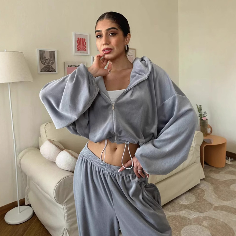 European and American Women's Casual Suit Pure Color Long-Sleeved Zipper Cardigan Drawstring Hooded Sweatshirt Sports Elastic Pants Two-Piece Set European and American Women's Casual Suit Pure Color Long-Sleeved Zipper Cardigan Drawstring Hooded Sweatshirt Sports Elastic Pants Two-Piece Set