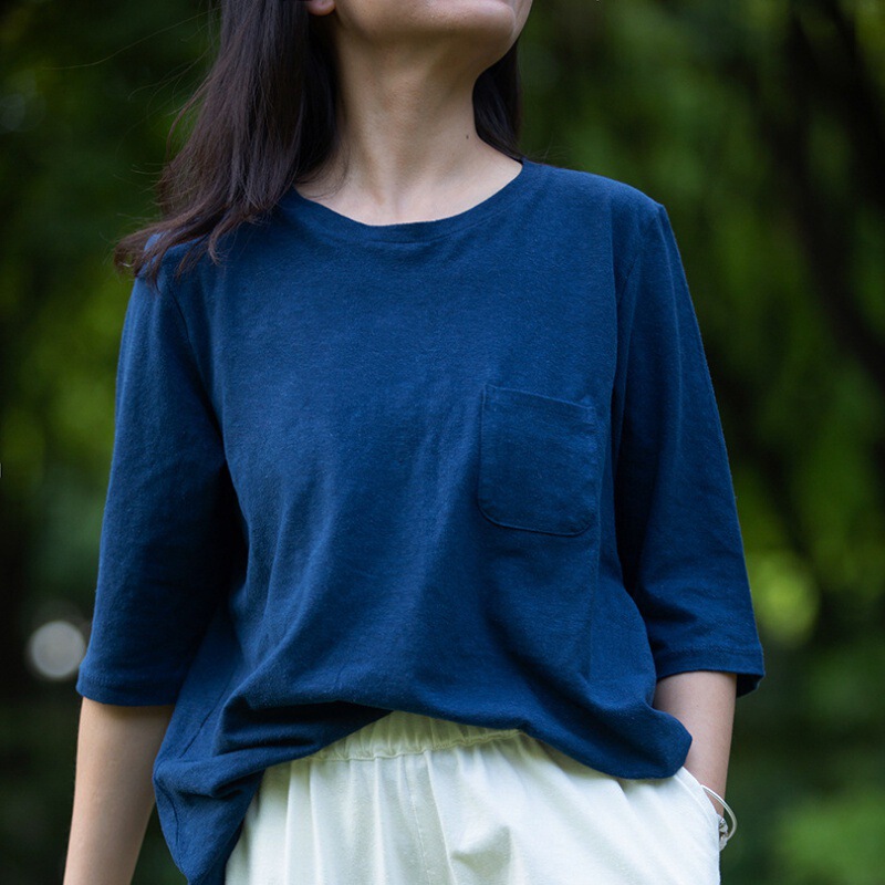 [Light] Tricolor Hemp Organic Cotton T-Shirt Women's Seven-point Sleeve Loose Round Neck Half Sleeve Top All-match Pullover