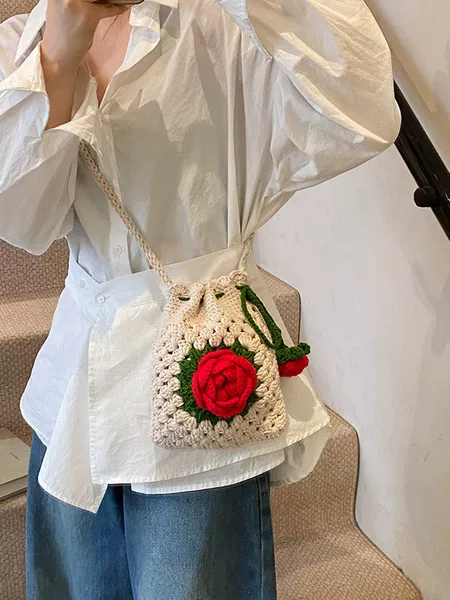 Bag New Wool Crochet Bag Finished Crossbody Bag Women's Shoulder Bag Camellia Flower Mobile Phone Bag Trendy Cross-Border Delivery