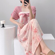 睡裙女薄款短袖印花轻奢风简约透气休闲女士家居服长裙可外穿批发