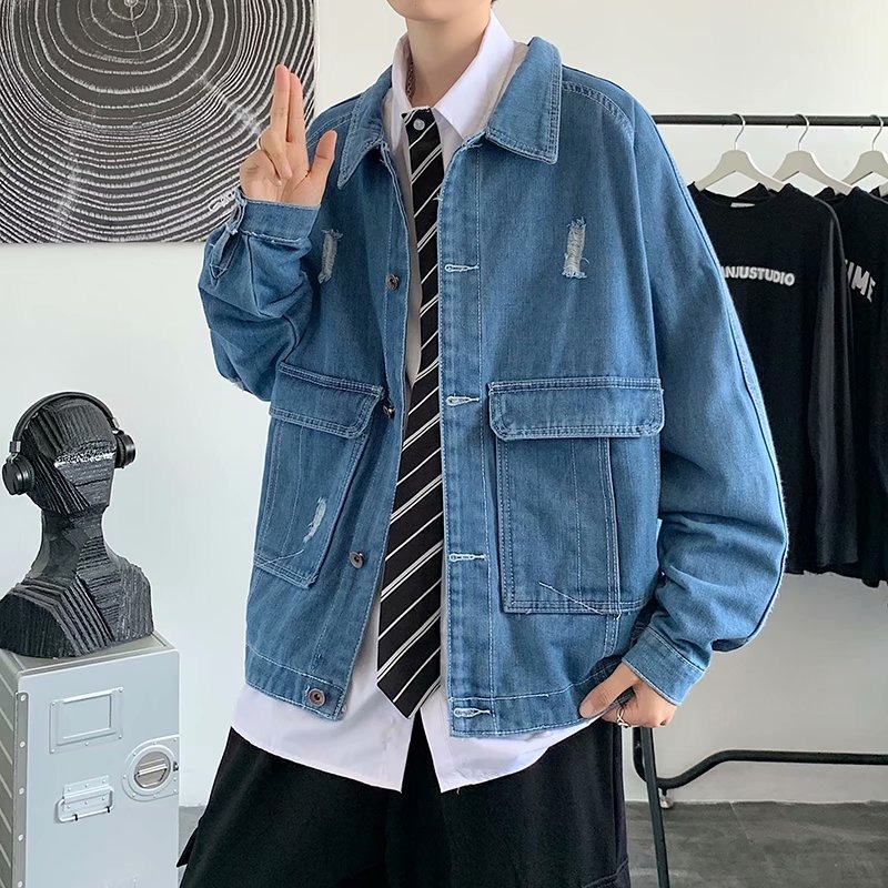 春秋冬季宽松破洞牛仔外套男潮流韩版夹克百搭港风ins上衣服