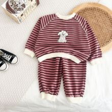 韩版童装春秋季洋气卫衣套装女宝宝长袖条纹上衣长裤宽松版两件套