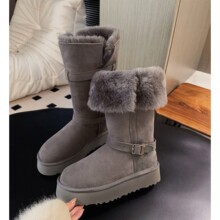 桑坡厚底高筒灰色雪地靴女款皮毛一体2025年新款冬季加绒东北棉鞋