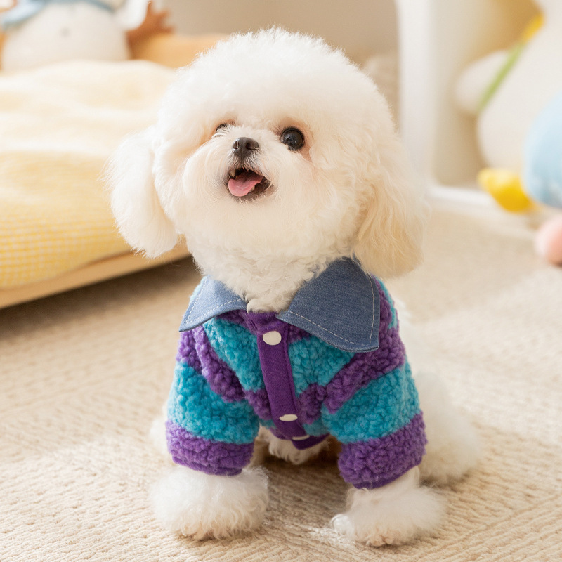 Camisas azules y púrpura de costura a rayas cuello de camisa de dos patas perros pequeños gatos otoño y invierno de dos patas de manga larga ropa de mascotas cálidas