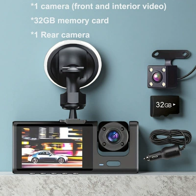 Driving recorder, 3-lens dash cam with - 64gb-memory-card
