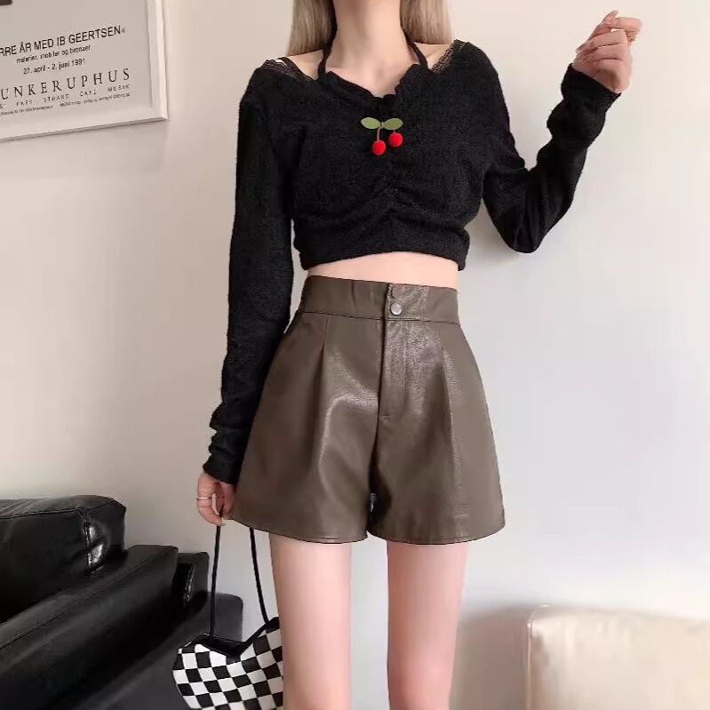 Black Leather Shorts for Women, Autumn 2025 New High-Waisted Slimming Loose Wide-Leg Pants, Trendy on Instagram