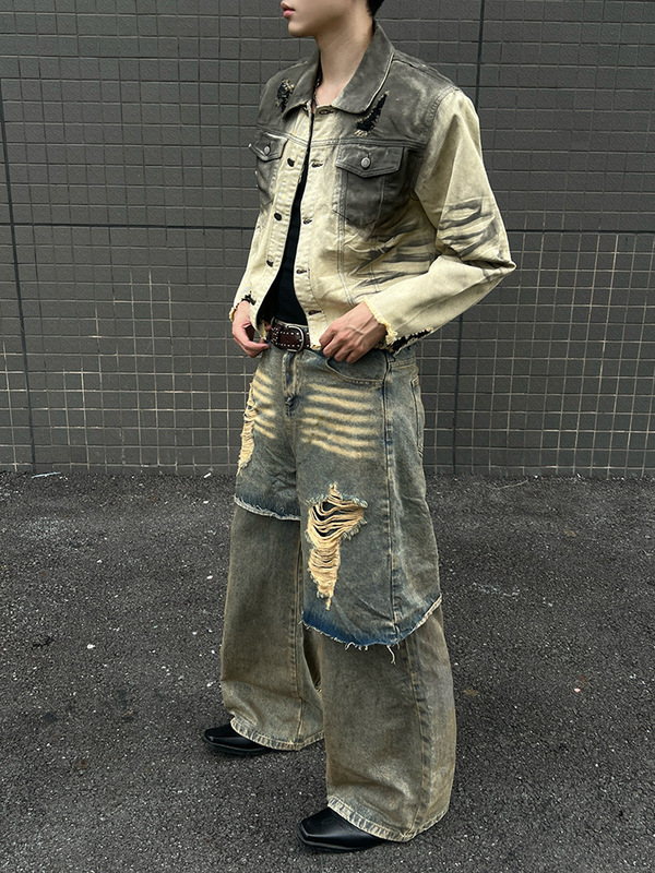 2025 "Mud Idea" Double-Layer Fake Two-Piece Yellow Mud Distressed Dirty Wasteland Paris Wide-Leg Jeans