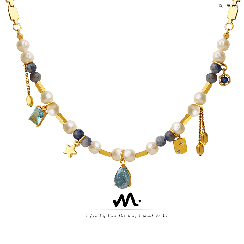 Mezclar y combinar material geométrico Piedra Natural perla de agua dulce COLLAR COLGANTE de acero de titanio costura industria pesada para crear Cadena de material de cobre