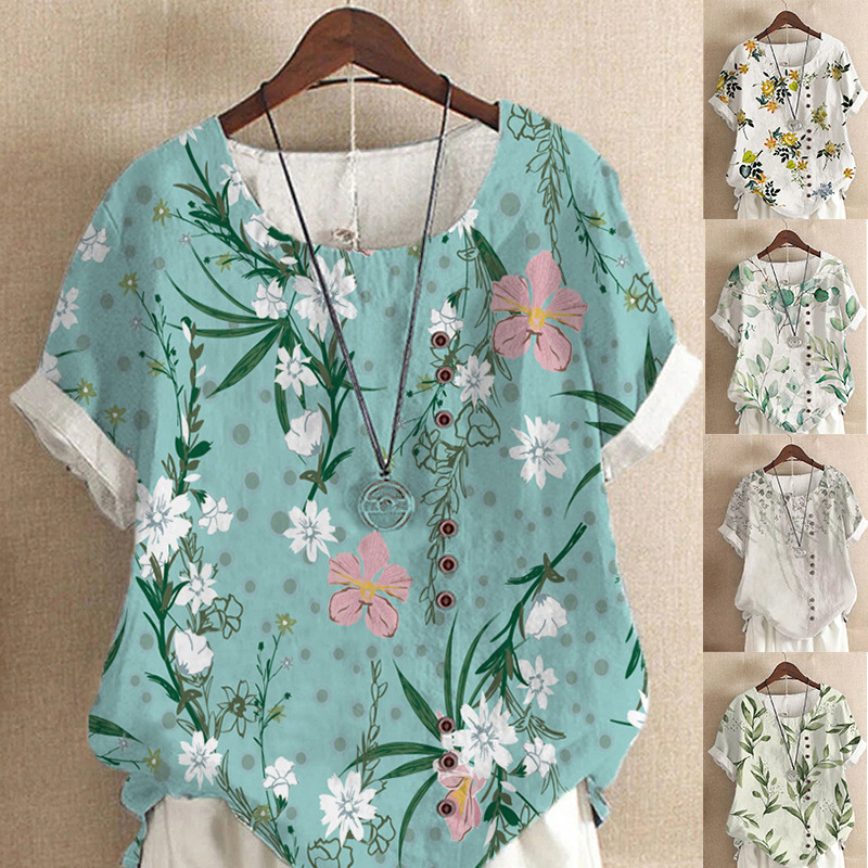 Summer 2024 Amazon AliExpress Vintage Cotton and Linen Fashion Printed Loose Casual Shirt Short-sleeved T-shirt for Women