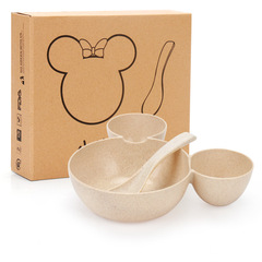 小麥秸稈兒童分格快餐盤幼兒園寶寶卡通輔食碗勺套裝小禮品印logo