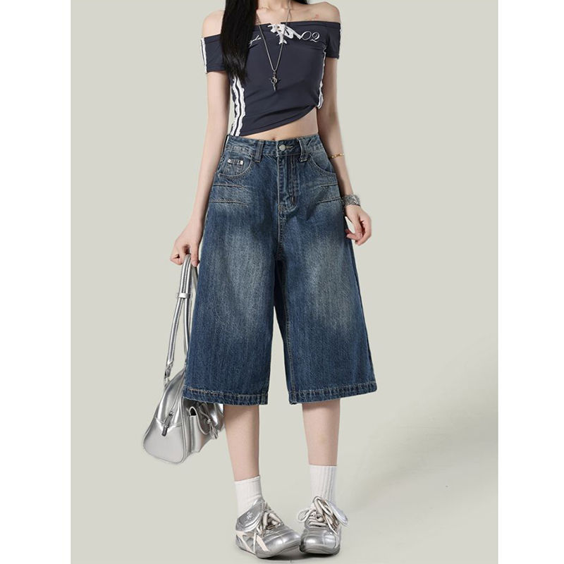 American Retro Wide-Leg Denim Cropped Pants for Women, Petite High-Waisted Loose Mid-Length Shorts for Curvy Girls, Straight-Leg Shorts American Retro Wide-Leg Denim Cropped Pants for Women, Petite High-Waisted Loose Mid-Length Shorts for Curvy Girls, Straight-Leg Shorts