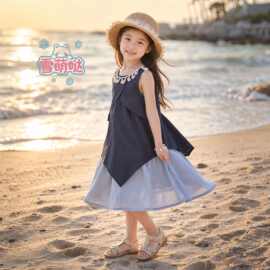 雪萌哒女童连衣裙2026夏季新款儿童海边度假裙 假两件无袖沙滩裙
