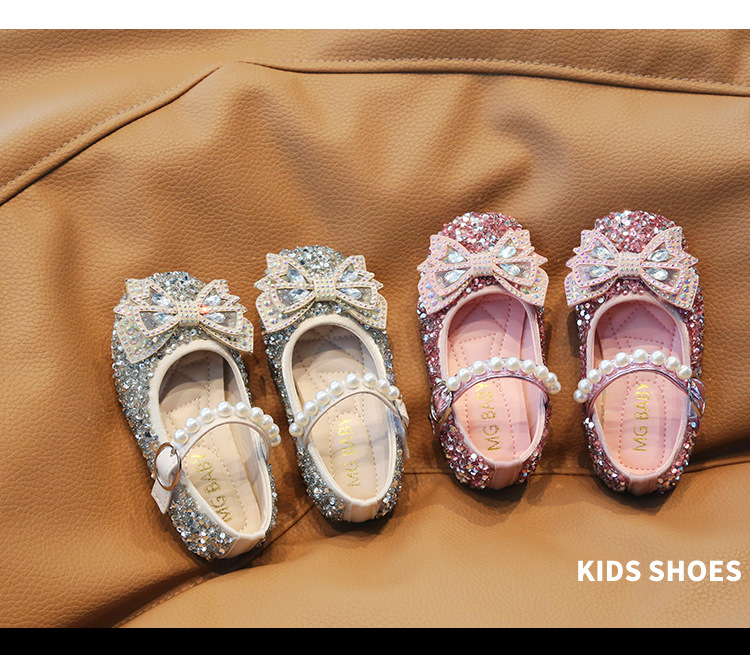 Chaussures princesse en cristal pour filles, édition coréenne, printemps et automne, avec nœud pour bébé, unique, mode, diamant brillant, 2024_voghion.com