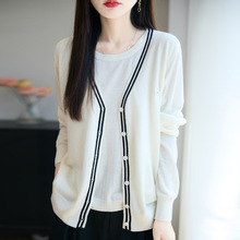 25秋冬新款上衣羊毛软糯拼色宽松针织毛衣假开衫小外套条纹开衫