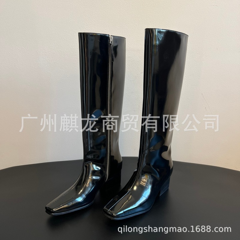 高端小众新款简约真皮方头复古高筒靴粗跟侧拉链高跟不过膝长靴女|undefined