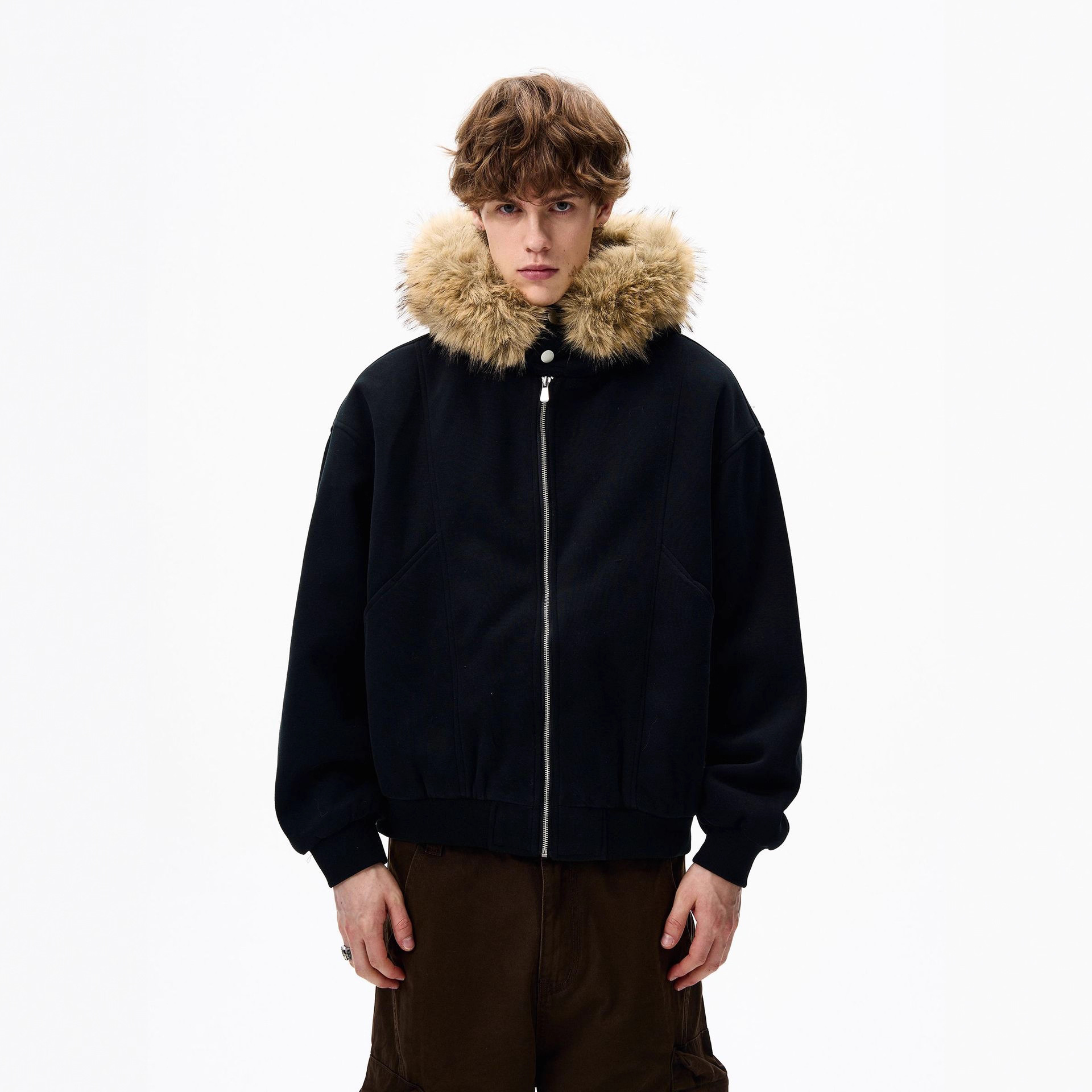 美式解构剪裁连帽毛领夹棉开衫卫衣外套男冬季加厚保暖休闲棉衣