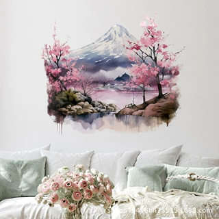 日系粉色樱花风景画墙贴纸客厅卧室沙发背景墙装饰壁纸自粘墙贴画