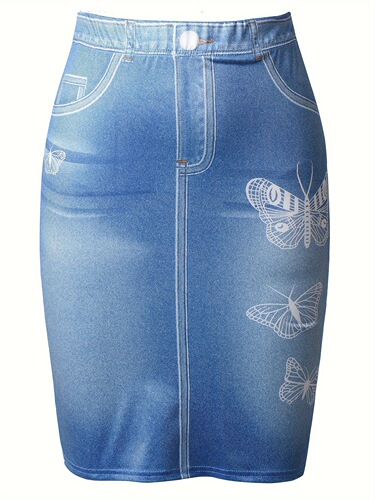 Elegant High Waist Butterfly Print Skirt Faux Denim