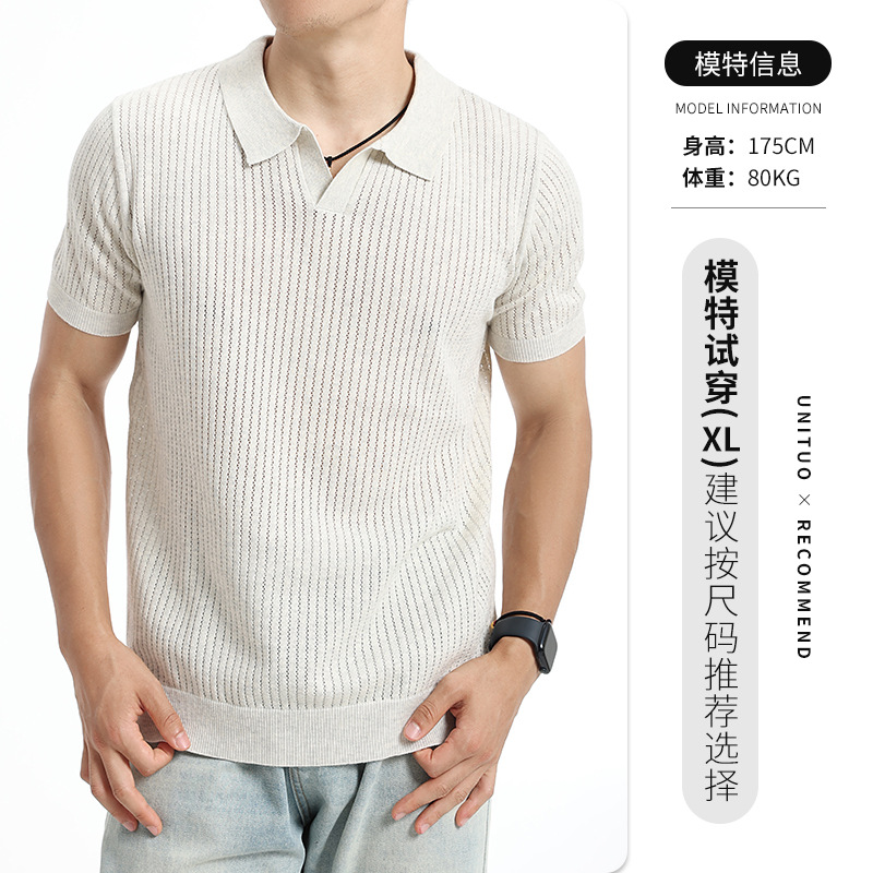 Europa y los Estados Unidos transfronterizos hombres de verano V-collar agujero hielo tejido polo camiseta alta sensación delgada con solapa transpirable mangas cortas