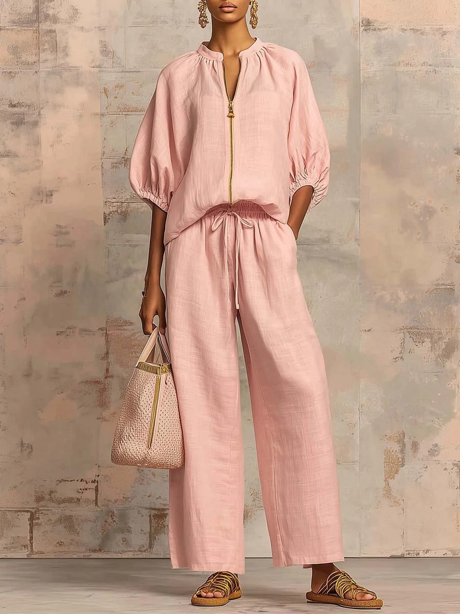 Women's Clothing Summer Women's Wide Leg Pants Set Casual Loose Fit Solid Color Zipper Round Neck Top Bottoms Outfit Style_ecoleips.com