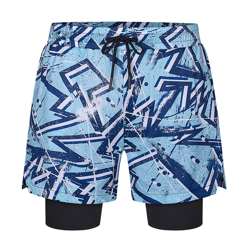 Pantalones cortos deportivos transfronterizos de secado rápido pantalones cortos de dos piezas falsos de los hombres bañador de doble capa anti-exposición pantalones de playa impresos elásticos