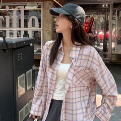 2025新款粉格织带小众设计感长袖粉色衬衫女秋季宽松休闲格子上衣