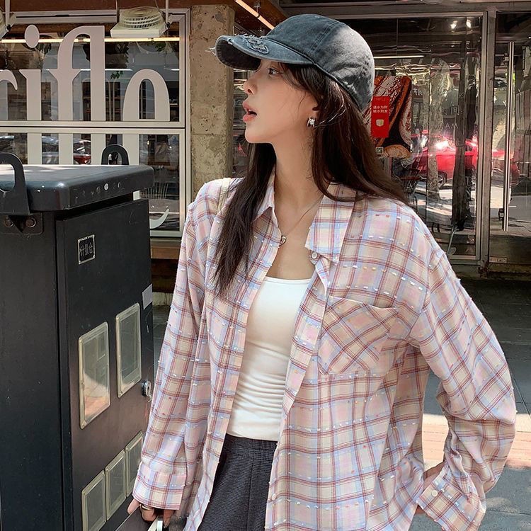 2025 New Pink Plaid Webbing Niche Design Long-Sleeved Pink Shirt Women's Autum Loose Casual Plaid Top