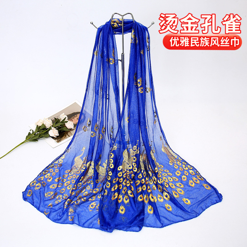 夏季围巾女士烫金孔雀丝巾百搭舒适薄款美人纱围巾围脖披肩批发|ms