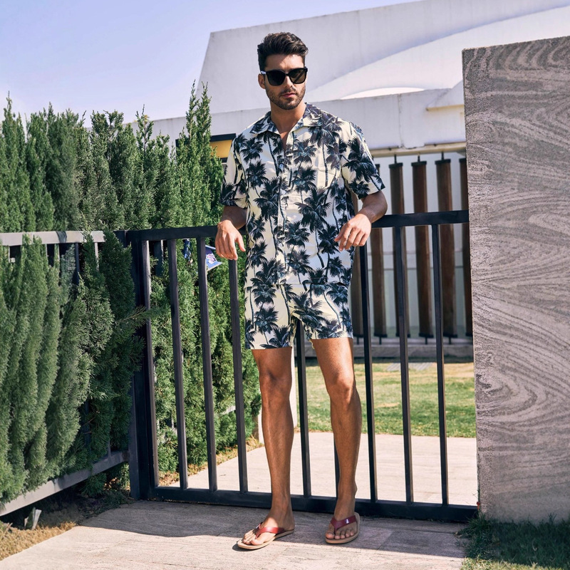 Beach Shirt Suit Men's Foreign Trade Hot Selling New Hawaiian Style Printed Quick-Drying Loose Beach Shirt Suit