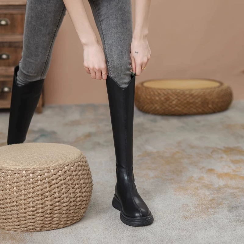 Ретро сапоги тонкие женские осень и зима 2024 новые толстые сапоги с высокой трубкой плоские сапоги без колен
